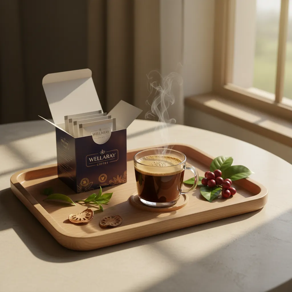 Morning coffee tray with botanical ingredients and a Wellaray Coffee box in warm golden light