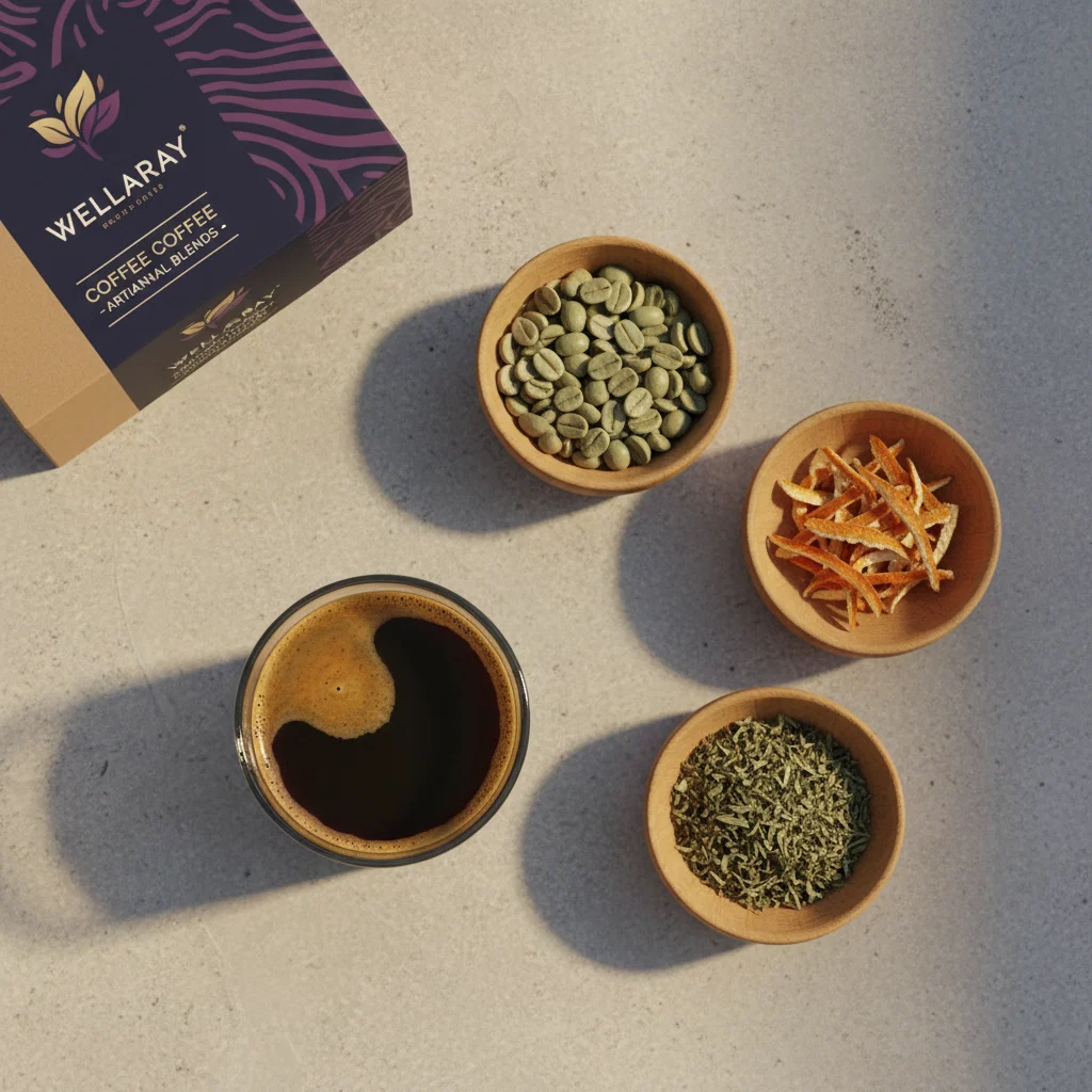Coffee glass and botanical ingredient bowls arranged next to a Wellaray Coffee box on a grey stone surface